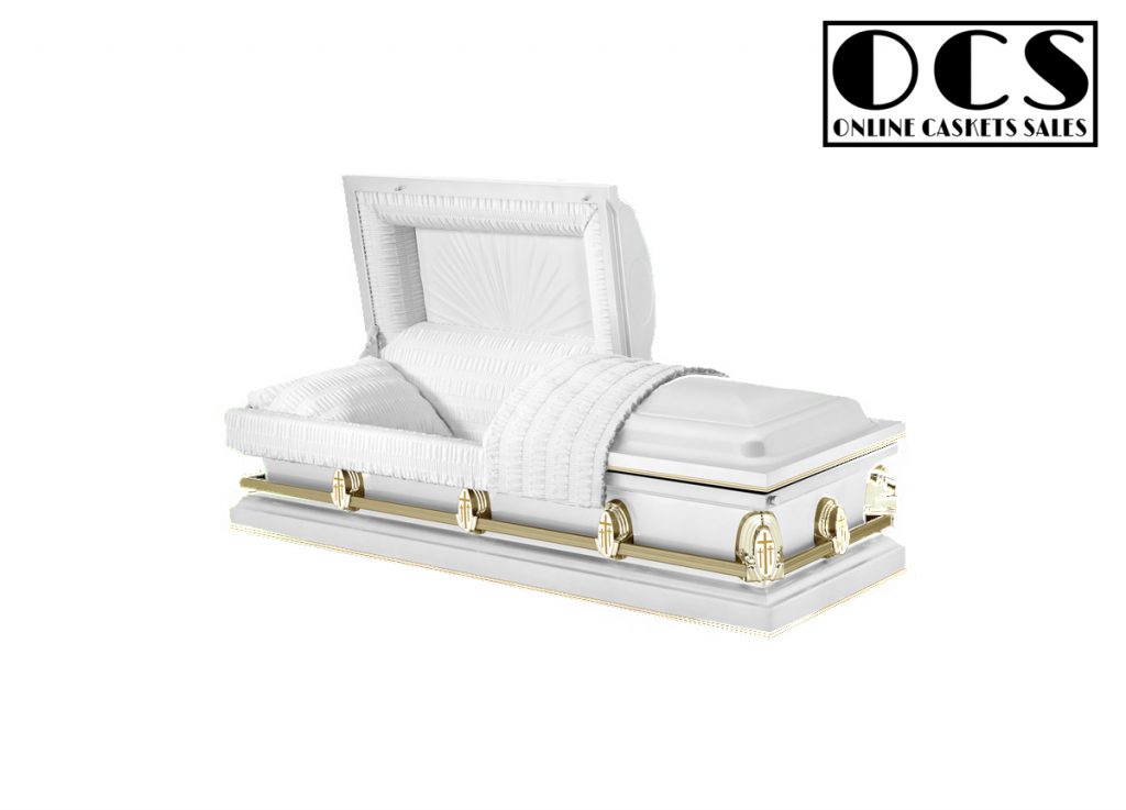 200001 20 Gauge (With Seal) White Casket w/ Gold Accents Cross Decals